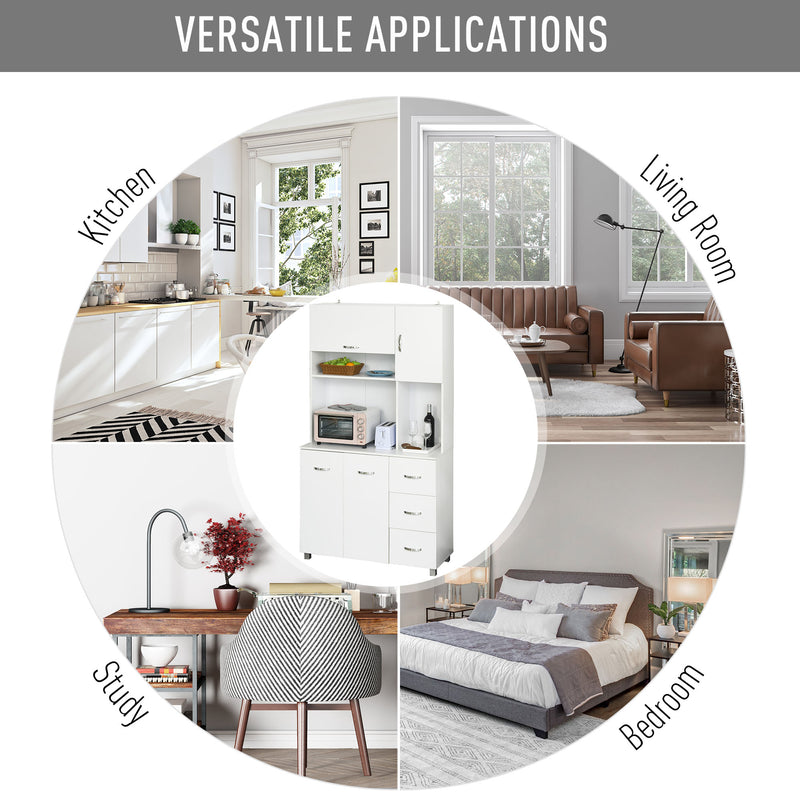 White Tall Kitchen Storage Cabinet With Countertop Drawers And Shelves 183cm High