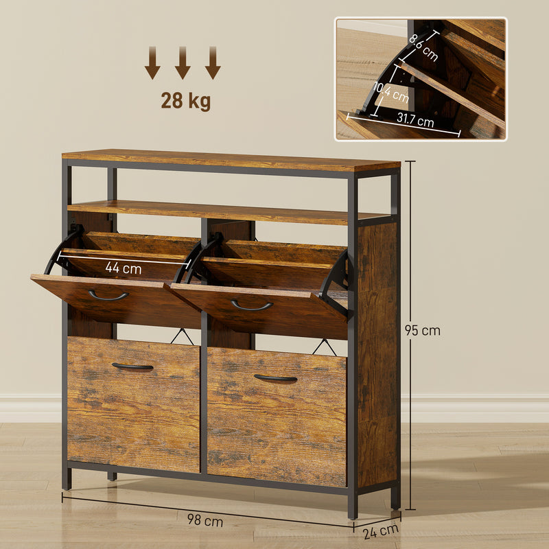 Shoe Storage Cabinet with 4 Flip Drawers and Open Shelf Ideal for Hallways, Rustic Brown