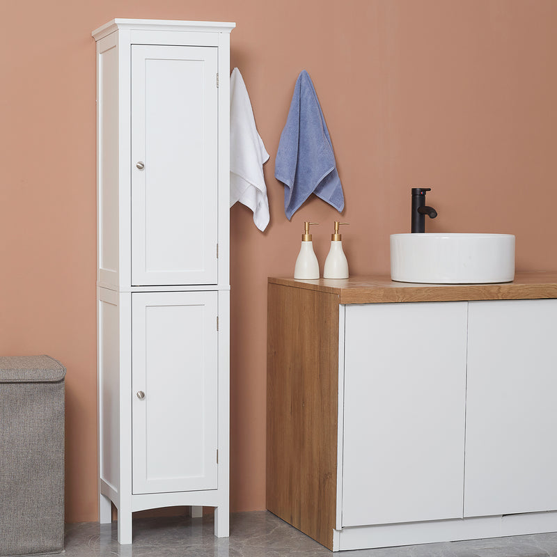 Tall Slim Bathroom Storage Cabinet With Adjustable Shelves And Double Doors, White