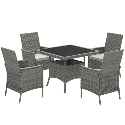 Grey 4 Seater Rattan Patio Dining Set With Cushions and Glass Table by Outsunny