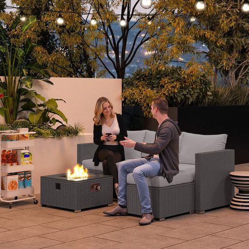 Grey 5 Piece Rattan Garden Furniture Set with Gas Fire Pit Table and Footstool