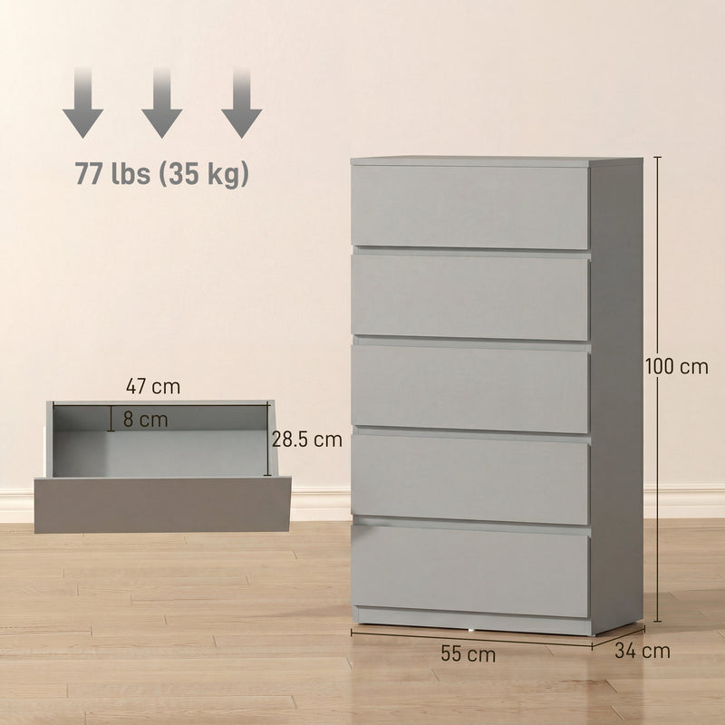 Chest of Drawers with 5 Spacious Drawers for Bedroom Storage Grey AOSOM