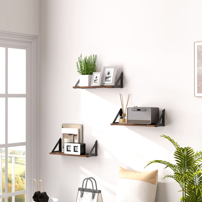 Set of 3 Rustic Brown Floating Wall Shelves for Living Room Bedroom Entryway by HOMCOM