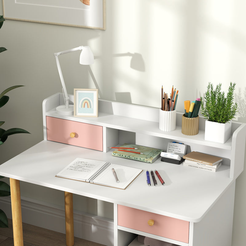 Pink Kids Study Desk and Chair Set with Hutch Storage Drawer and Shelves by AIYAPLAY