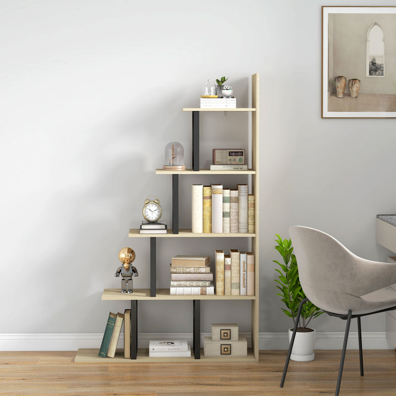 HOMCOM 5-Tier Bookcase, Wooden Ladder Bookshelf Display Stand, Oak AOSOM