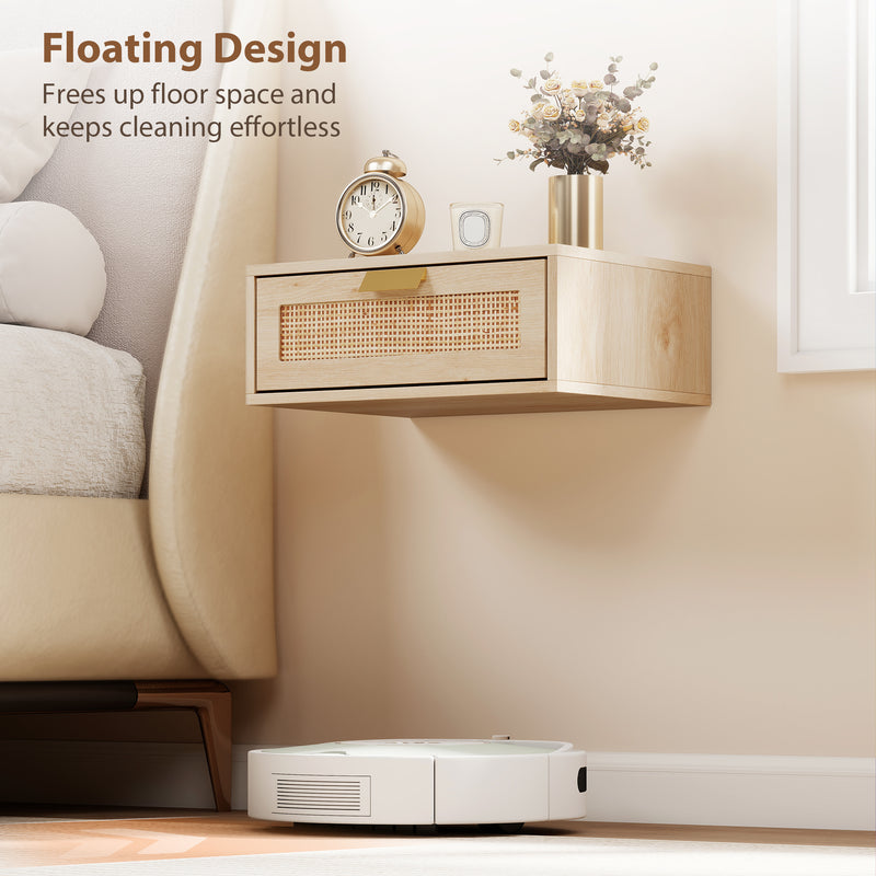 Floating Bedside Tables Set of 2 for Clutter Free Bedroom with Rattan Drawer Oak AOSOM