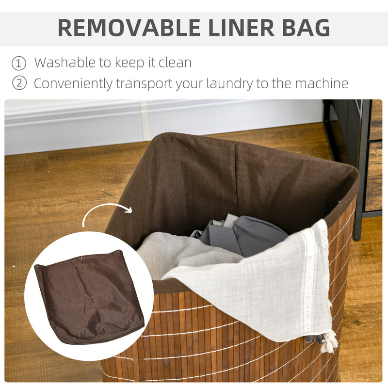 Brown Bamboo Laundry Basket With Lid 55L Removable Washable Lining Corner Hamper by HOMCOM