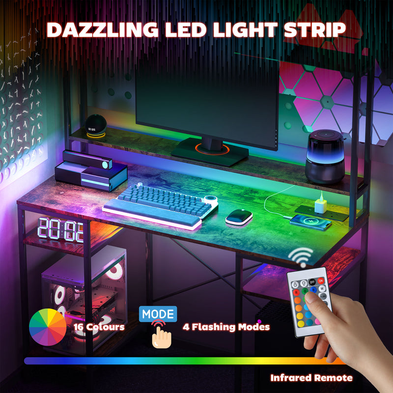 Rustic Brown Computer Desk with Power Outlets LED Lights and Hutch by HOMCOM