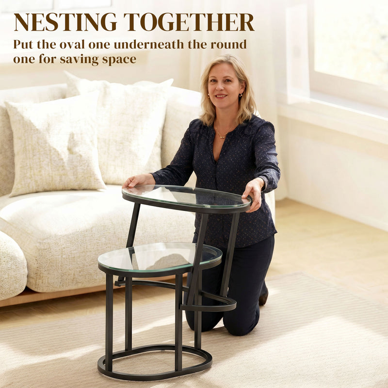 Set of 2 Glass Top Coffee Tables for Extra Living Room Surface Space Black and Clear