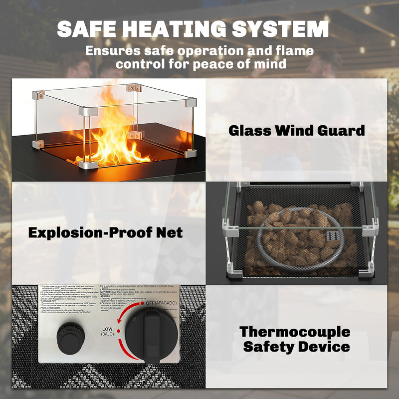 Gas Fire Pit Table with Glass Wind Guard for Warm Garden Gatherings and Coffee Table Use 40,000BTU Black