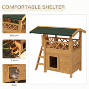 Outdoor Wooden Cat House With Balcony And Stairs Ideal Shelter For Pets, Natural Wood Finish