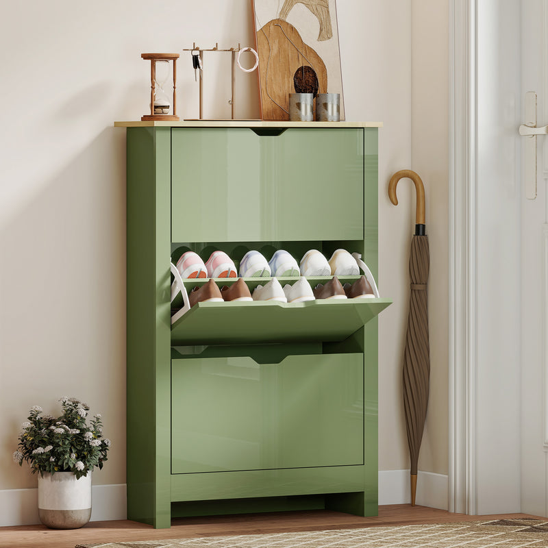 Slim Shoe Cabinet for Hallway Storage Fits 18 Pairs Easy Clean High Gloss Green AOSOM