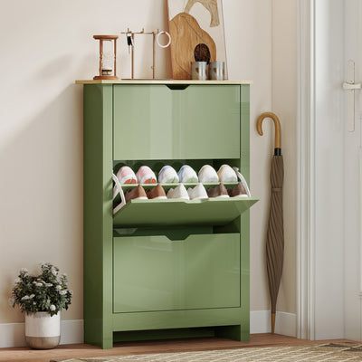 Slim Shoe Cabinet for Hallway Storage Fits 18 Pairs Easy Clean High Gloss Green AOSOM