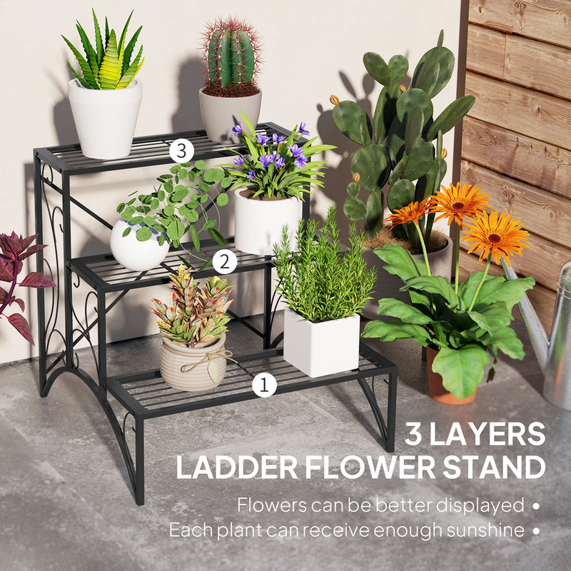 Black 3 Tier Metal Plant Stand for Indoor and Outdoor with Vintage Ladder Design by Outsunny