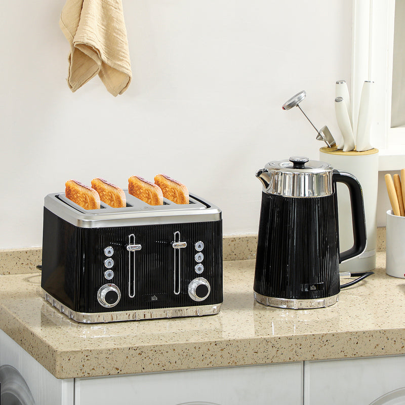 Electric Kettle and 4 Slice Toaster Set with Rapid Boil and Browning Control Black