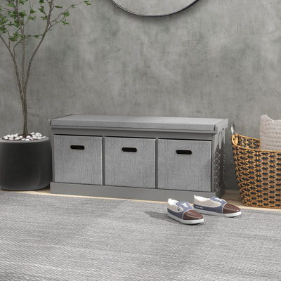 Three Drawer Shoe Storage Bench With Padded Seat Ideal For Hallway or Entryway Grey