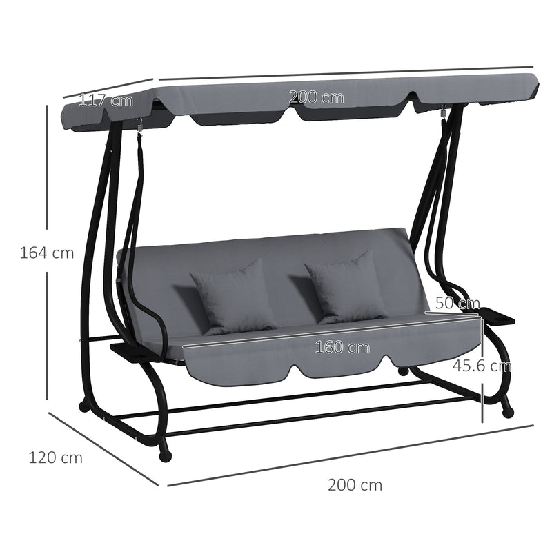 Patio Swing - 3 Seater Garden Swing Chair With Adjustable Canopy For Outdoor Relaxation, Light Grey