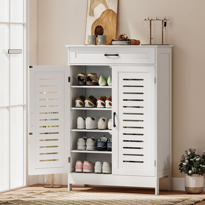 White Shoe Storage Cabinet For Hallway with Louvered Doors Adjustable Shelves and Drawer 78x37x115cm Homcom