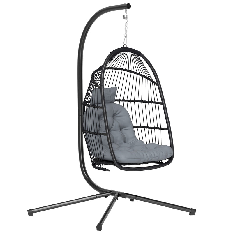 Dark Grey Rattan Hanging Egg Chair with Stand and Cushion for Garden or Indoor Use by Outsunny