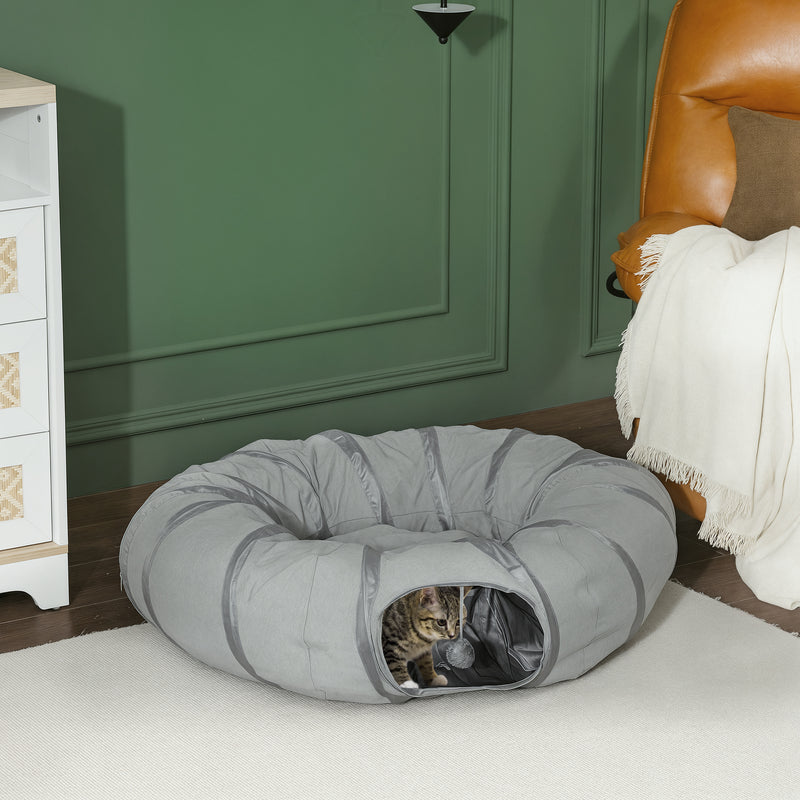 2 in 1 Cat Tunnel and Bed with Hanging Ball and Peek Hole for Indoor Play, Grey AOSOM