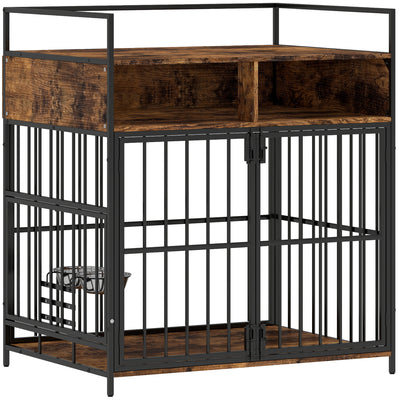 Dog Crate Side Table with Rotating Feeding Station for Medium Dogs Rustic Brown Black AOSOM