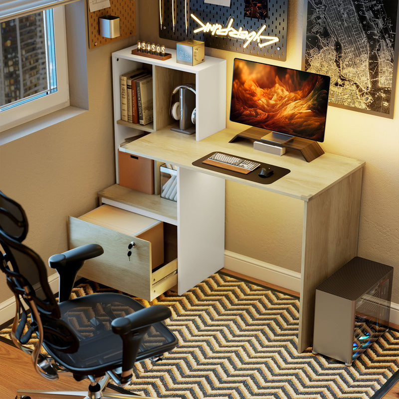 Computer Desk with Lockable Drawer and Shelves for Organised Home Office Oak Wood Effect