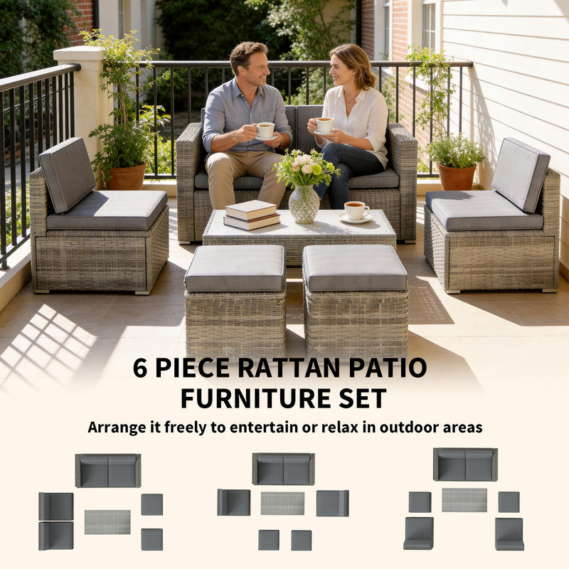 Rattan Garden Furniture Set 6 Piece Space Saving Outdoor Seating with Cushions Mixed Grey