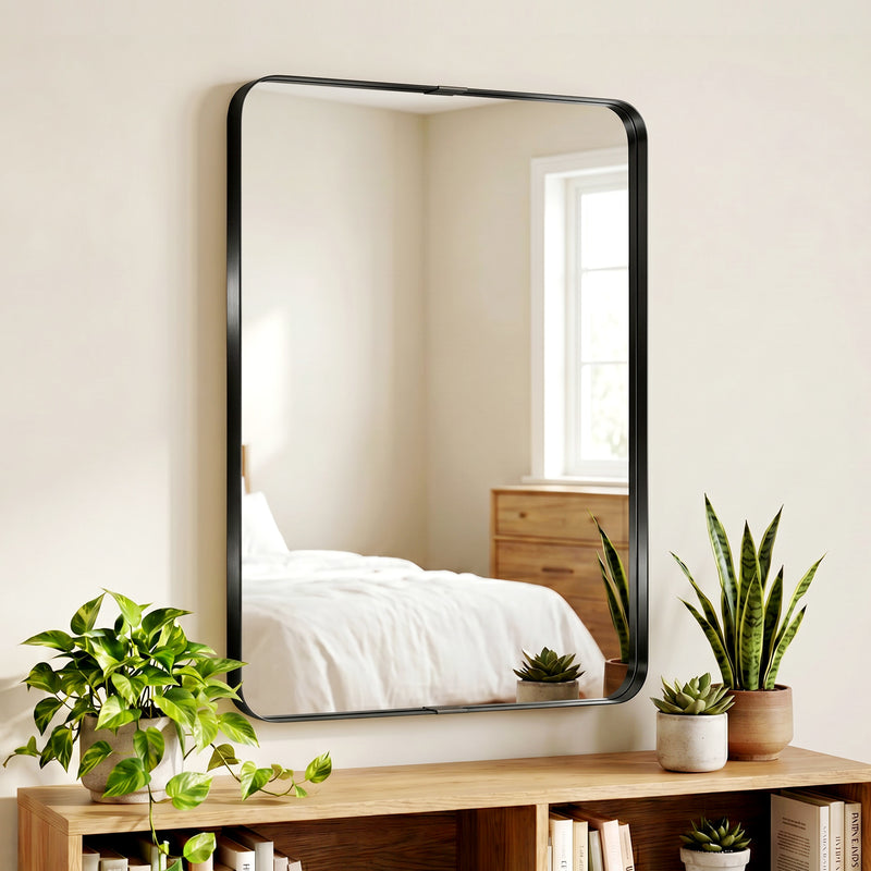 Wall Mirror with Shatter Resistant Tempered Glass and Rounded Corners for Safe Homes Black Homcom