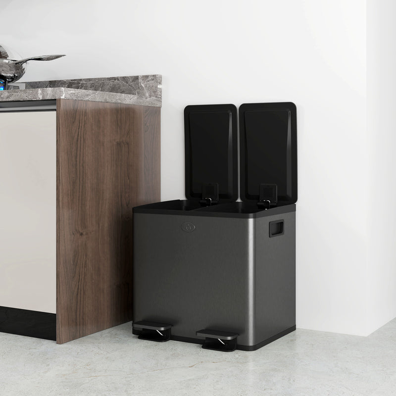 30L Dual Compartment Recycling Bin With Deodoriser Holders For Kitchen Use Black