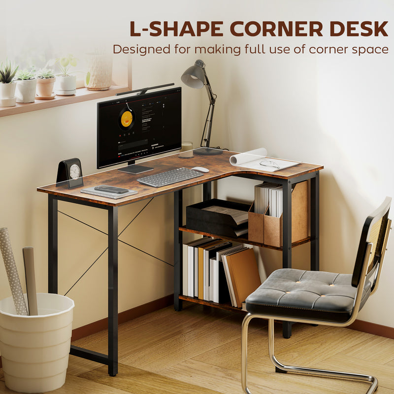 L Shaped Corner Desk with Shelves for Home Office Storage Rustic Brown