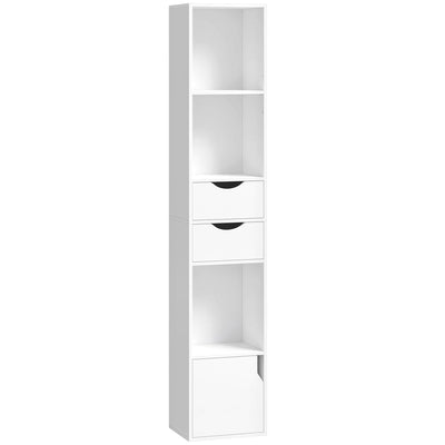 Slim Corner Bookcase with Shelves Drawers and Cabinet for Compact Home Storage White AOSOM
