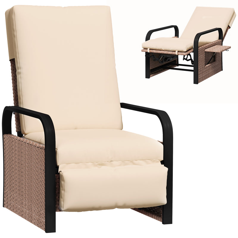 Brown Rattan Garden Recliner Chair With Cushion Side Tray And Footrest by Outsunny