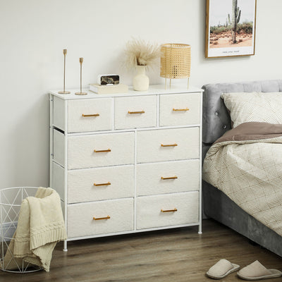 Cream White Chest of Drawers with 9 Fabric Storage Baskets and Steel Frame for Bedroom by HOMCOM