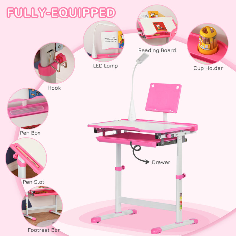 Adjustable Kids Study Desk and Chair Set with Storage and Drawer for Homework, Pink