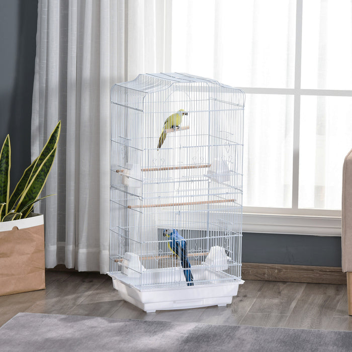 Large White Metal Bird Cage with Perches Swing and Bowls for Budgies and Parakeets by PawHut