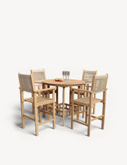 Roma acacia wood bar set with rope stools on a patio