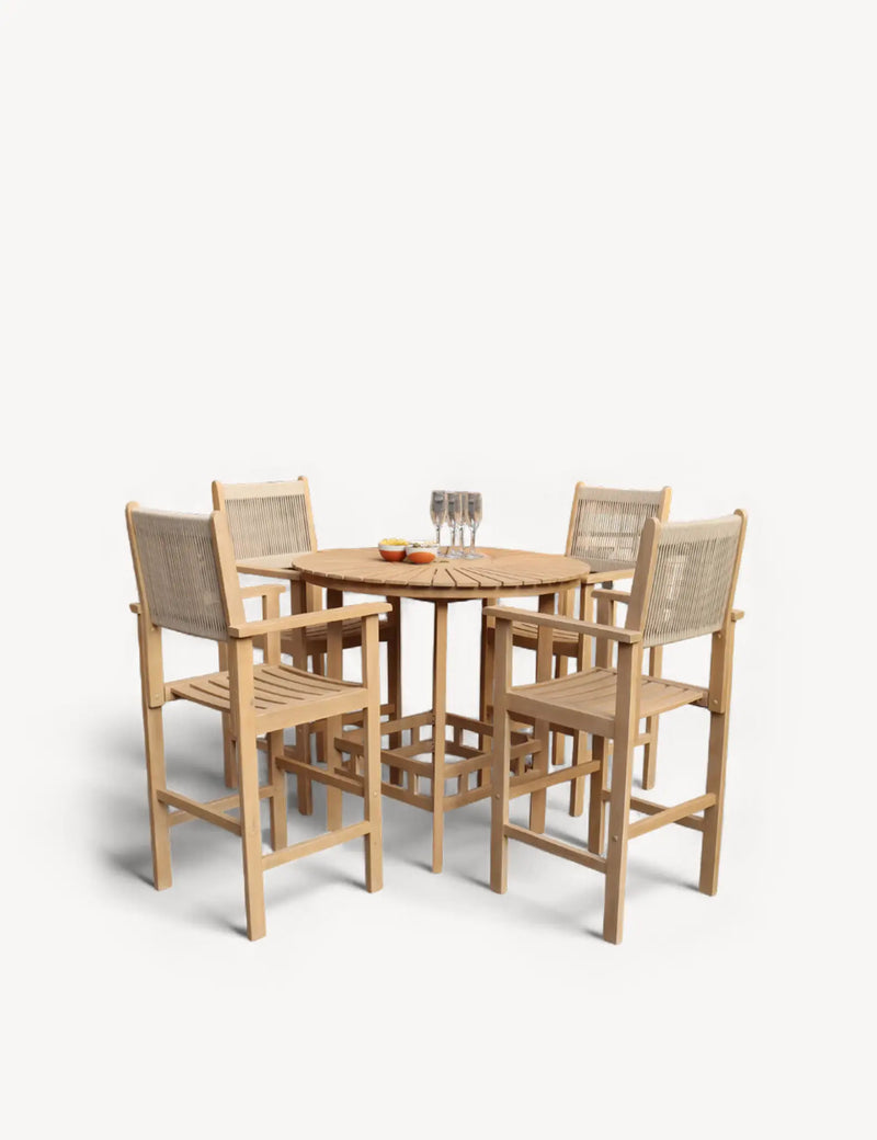 Roma acacia wood bar set with rope stools on a patio