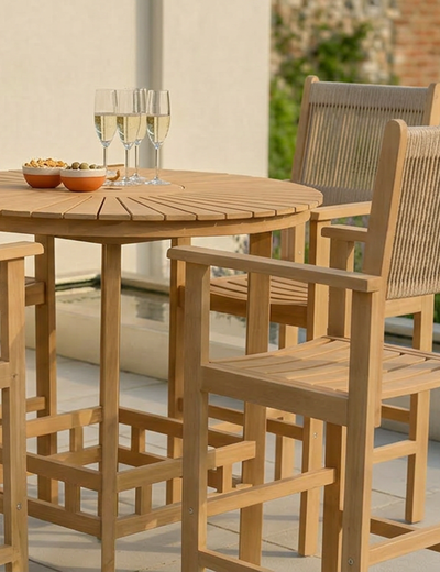 Roma acacia bar table and rope bar stools from another angle