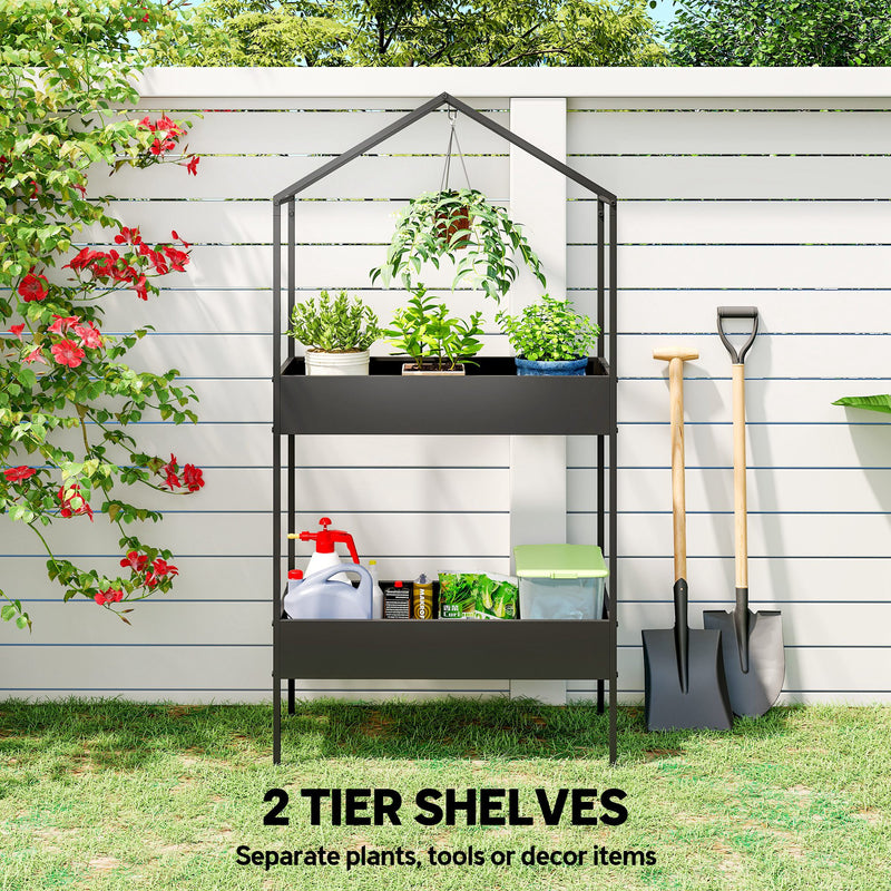 Two Tier House Shaped Plant Stand for Indoor or Outdoor Display with Adjustable Feet Black Outsunny