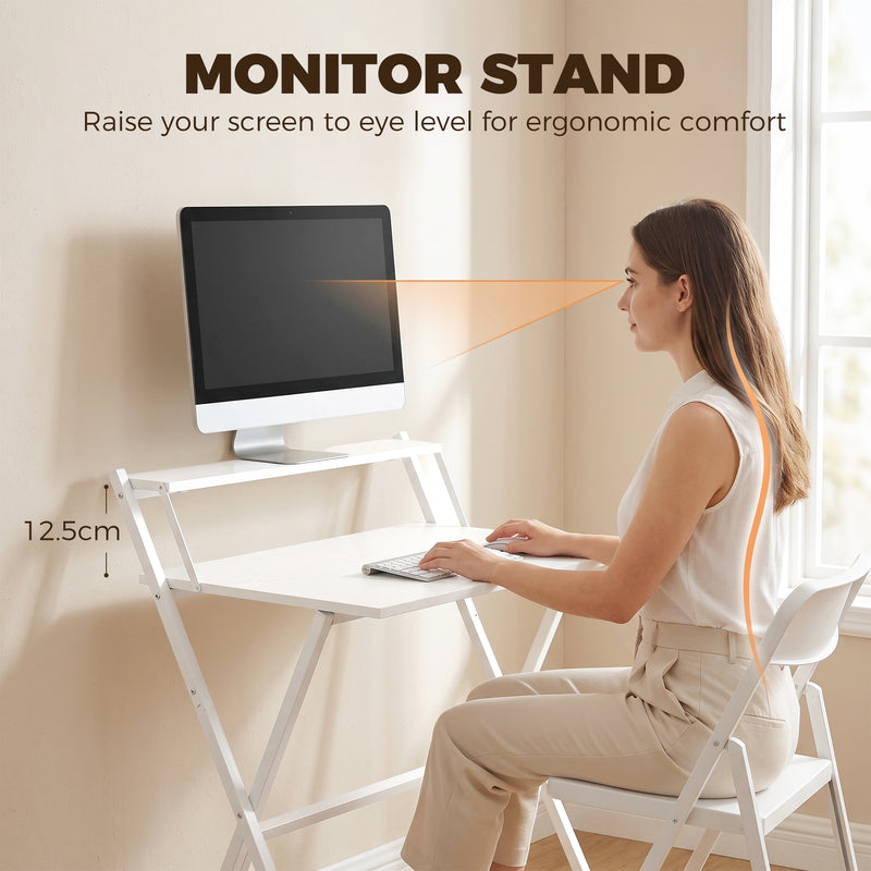 Folding Desk for Small Spaces with Monitor Shelf and Sturdy Steel Frame White