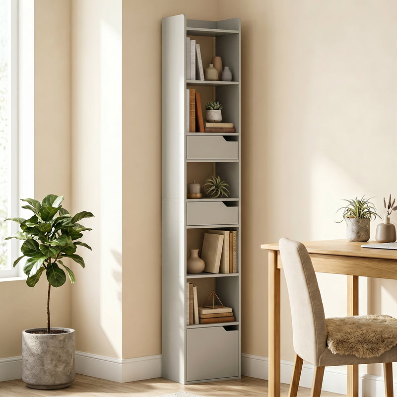 Slim Bookcase with Shelves Drawers and Cabinet for Small Room Storage Grey