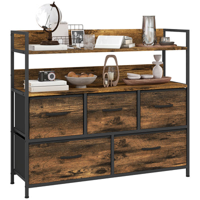 Chest of Five Fabric Drawers with Wood Effect Top for Bedroom or Hallway Rustic Brown