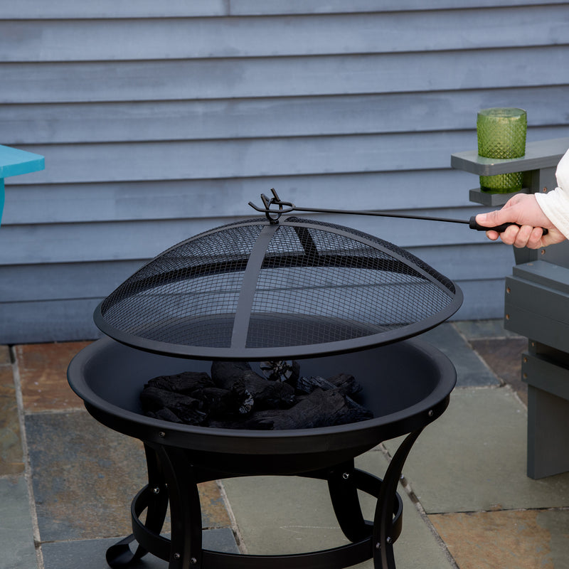 Outsunny Outdoor Fire Pit, Firepit with Mesh Lid, Poker, for Camping, Bonfire, Picnic, Black AOSOM