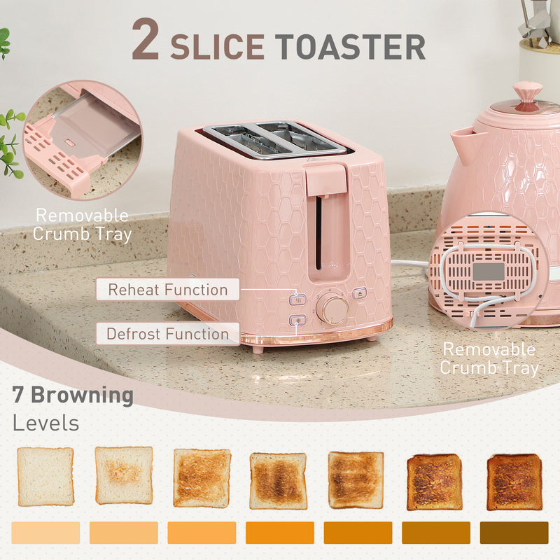 1.7L Fast Boil Kettle and 2 Slice Toaster Set with Auto Shut Off Ideal for Busy Mornings, Light Pink