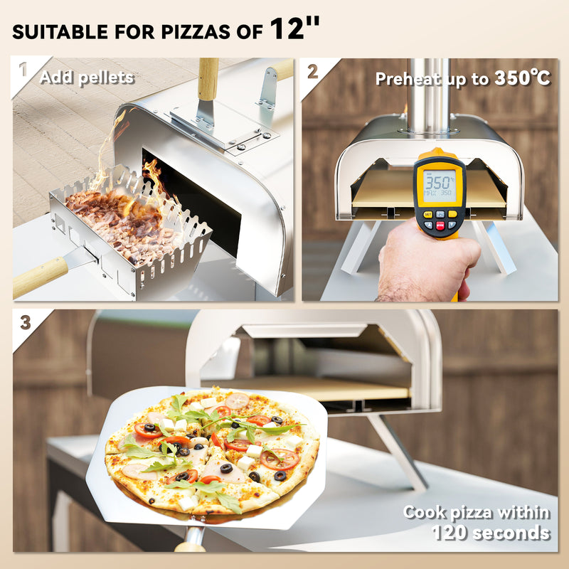 Portable Wood Fired Pizza Oven 12 Inch with Stone and Peel Stainless Steel by Outsunny