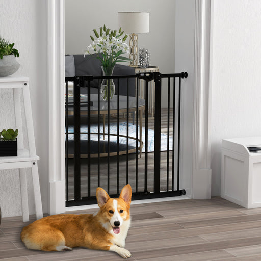 Adjustable Metal Dog Gate 74 to 87cm Wide for Doorways and Stairs Safety Barrier Black