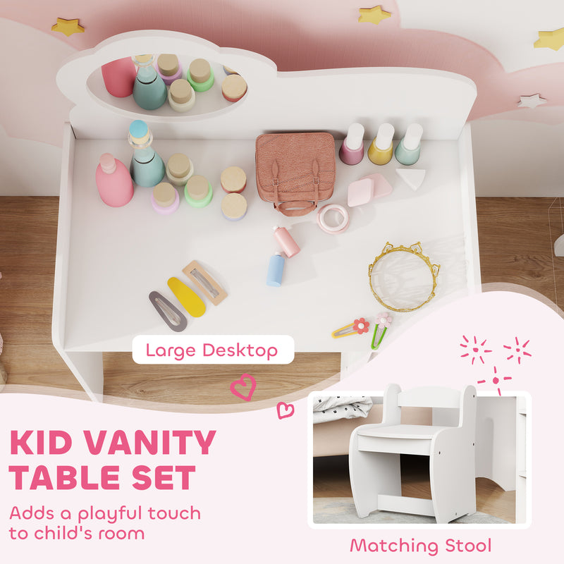 Kids Dressing Table With Mirror and Storage Shelves Includes Stool For Ages 3 to 8 White AOSOM