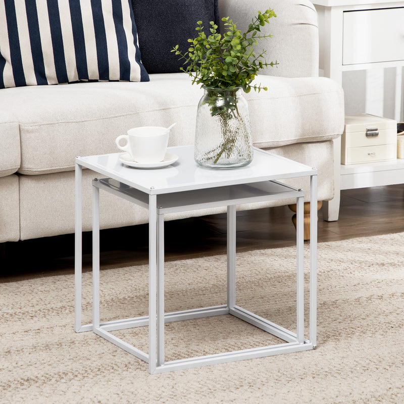White Modern Nesting Coffee Tables Set of 2 with Steel Frame for Living Room