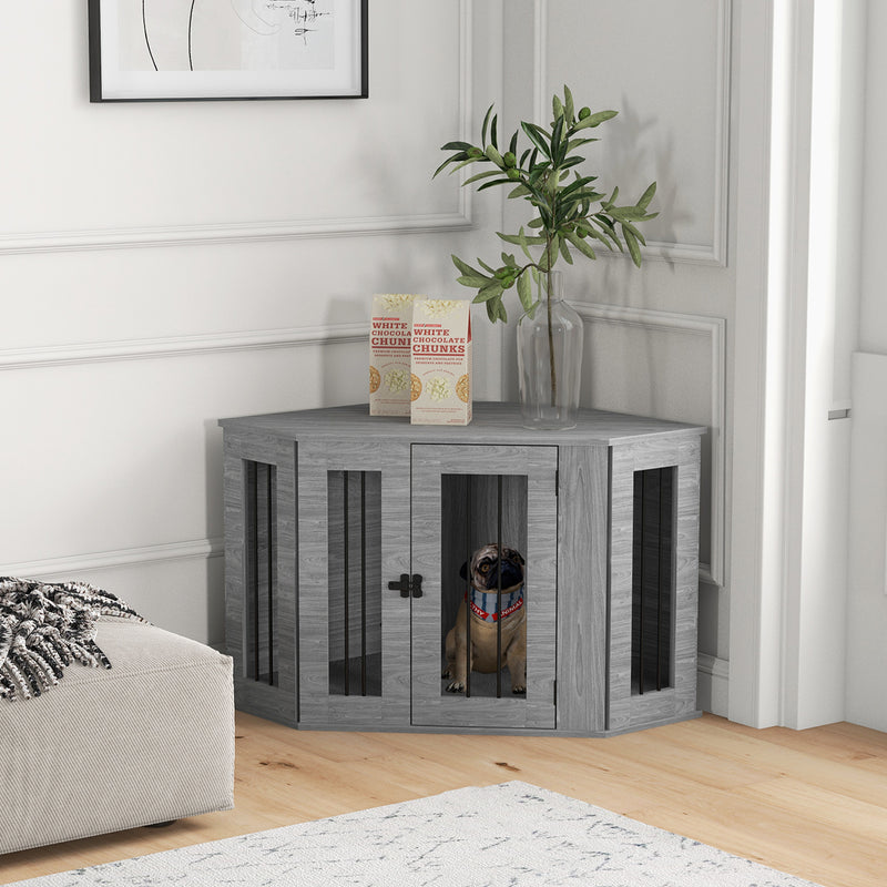 2 in 1 Wooden Dog Crate and Side Table with Soft Cushion for Indoor Use Grey