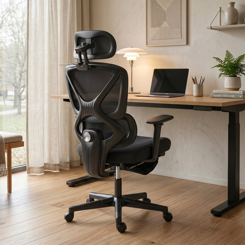 Ergonomic Office Chair with Adjustable Support and Reclining Leg Rest for Home Working Black